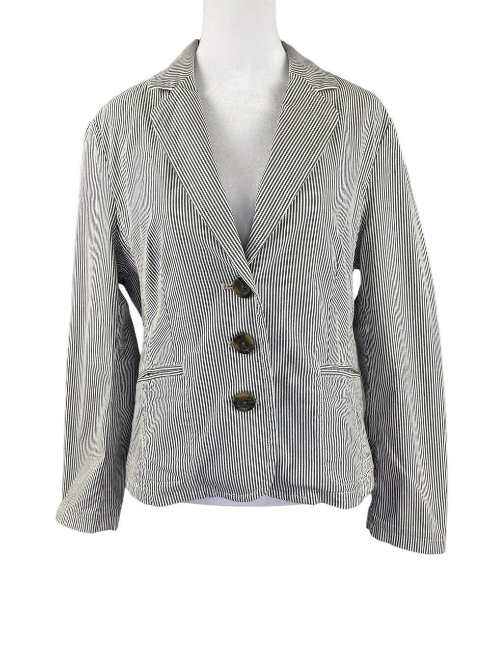 LL Bean Women's 8P Lightweight Blazer Jacket Grey White Stripe Cotton Spandex